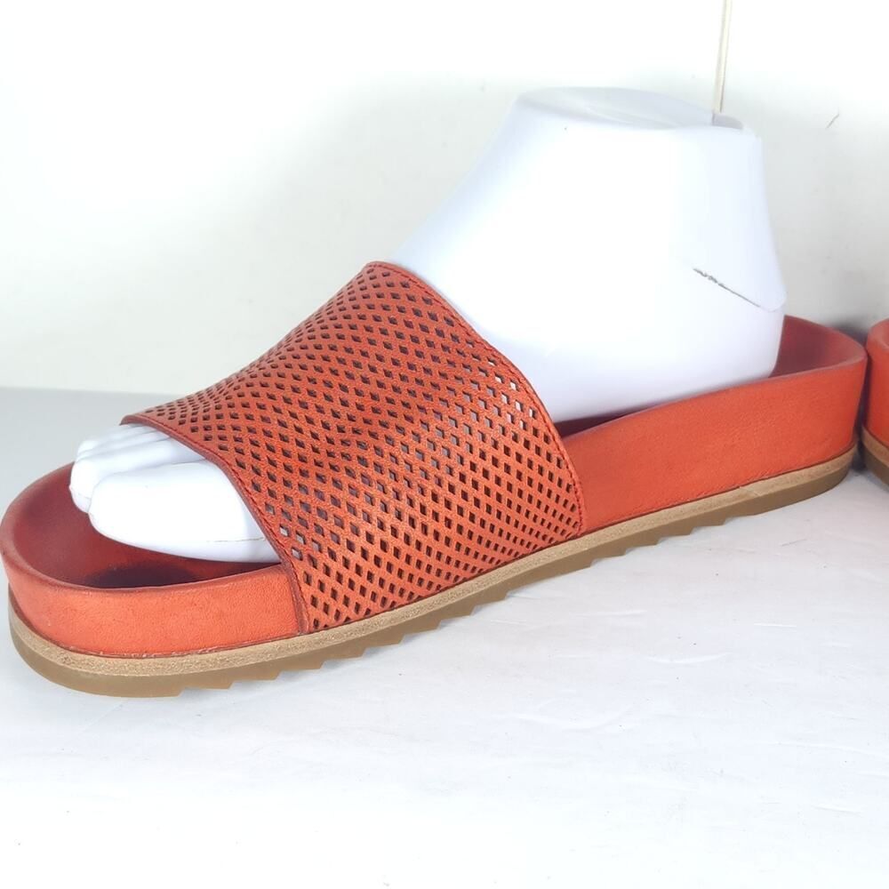 Frye Women's Lily US8,5? Orange Leather Perforated Flat Slide Sandals Shoes - Picture 6 of 16